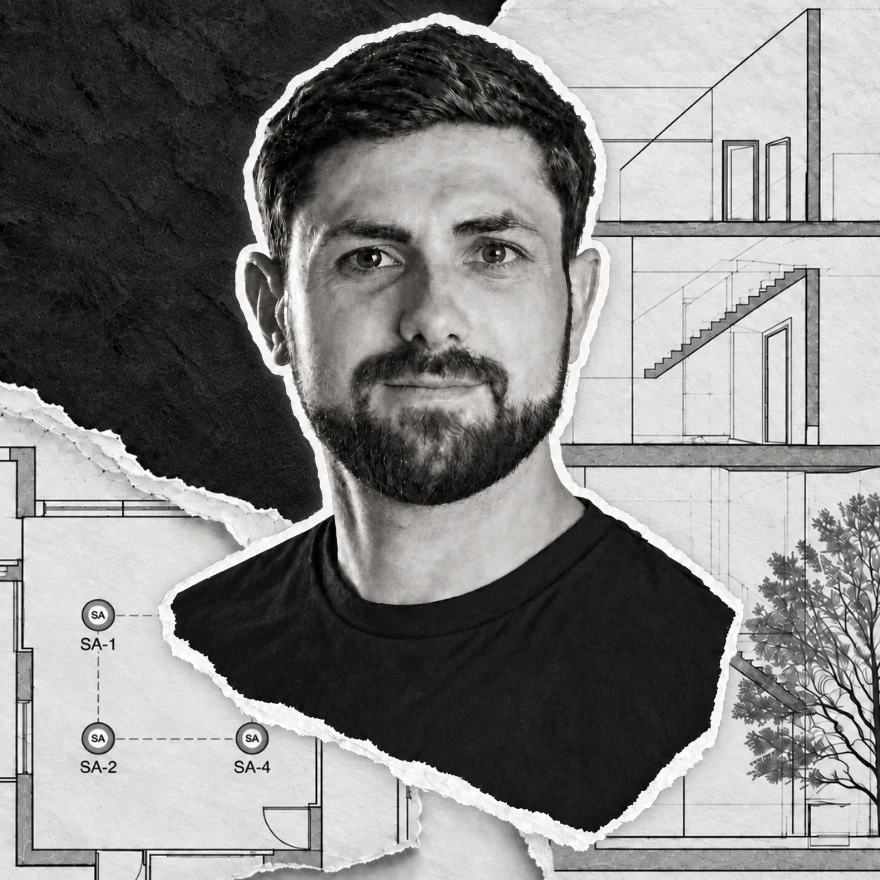 Torn-paper portrait of Viktor Kavinskyi over architectural plans and connected speaker icons