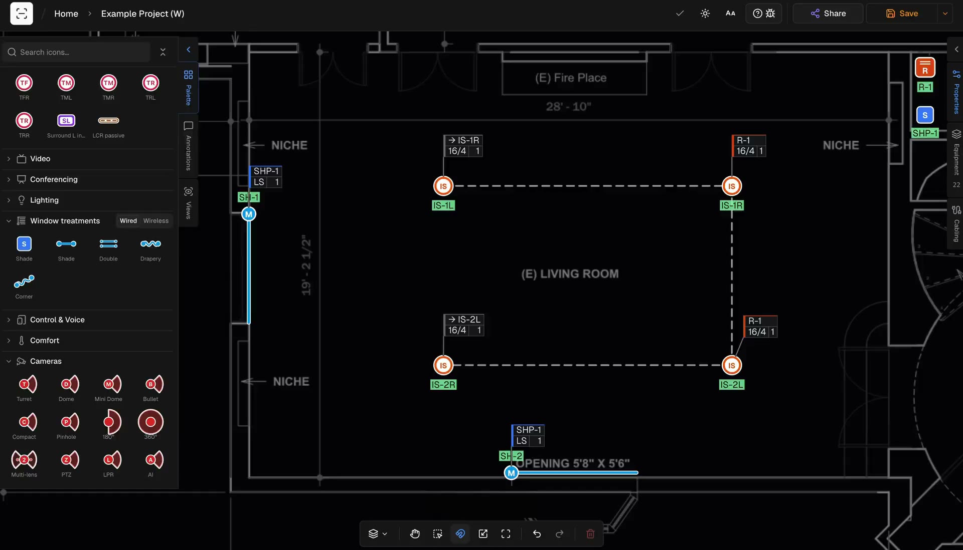 A 5.1.2 surround system, cameras, a door with reader, strike and intercom, living room speaker pairs and shades placed on a blueprint in Integrator Design Studio